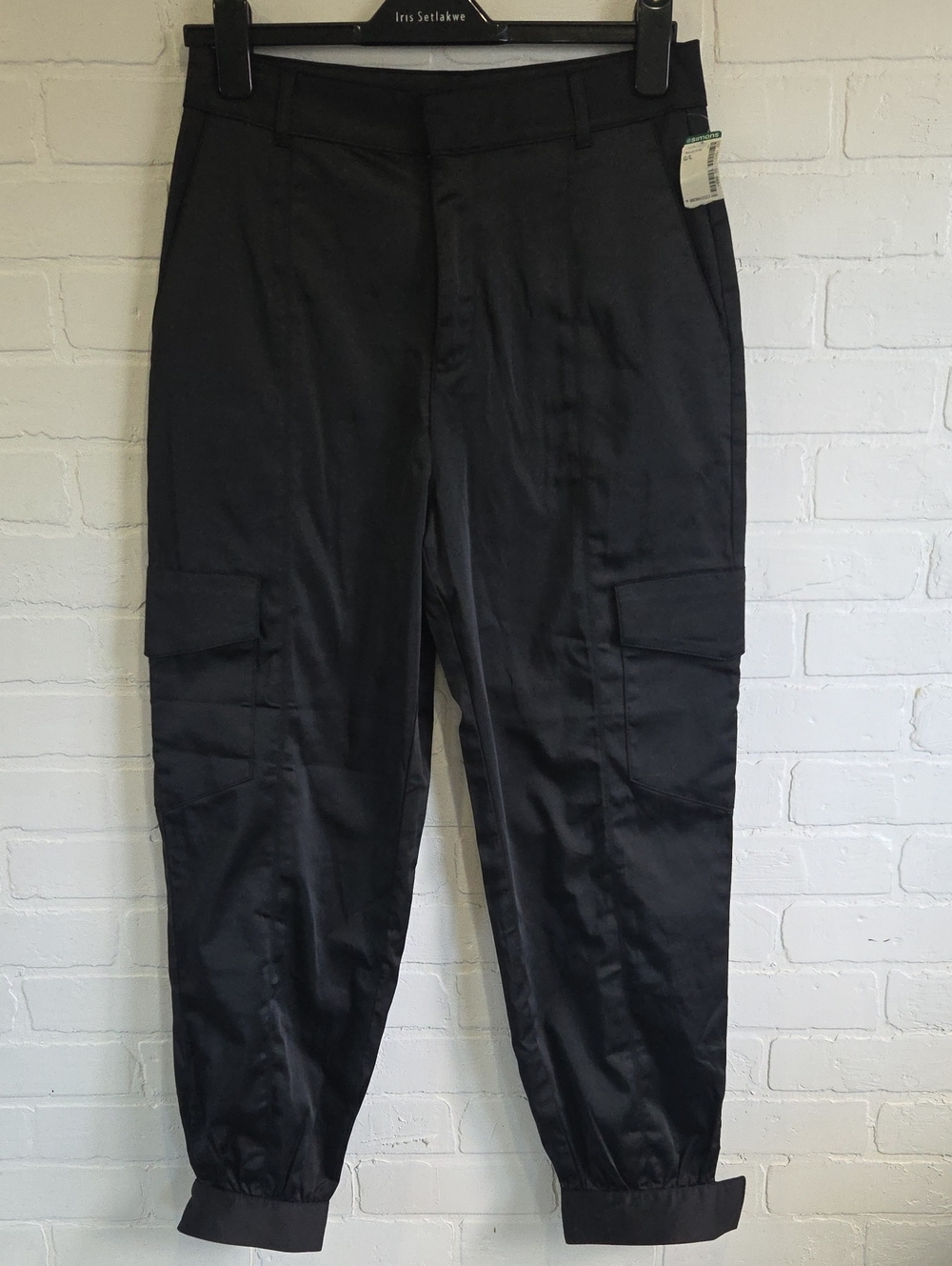 LaBijou Black Satin Cargo Trousers with Cuffed Ankles